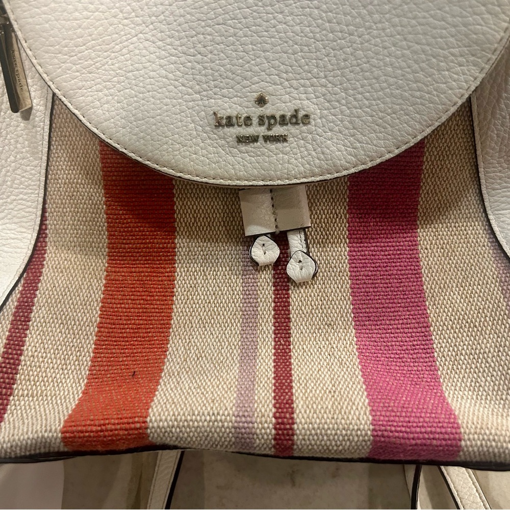 👛 BRAND NEW Kate Spade Leila Medium Flap Leather & Canvas Stripe Backpack Purse - Picture 9 of 16